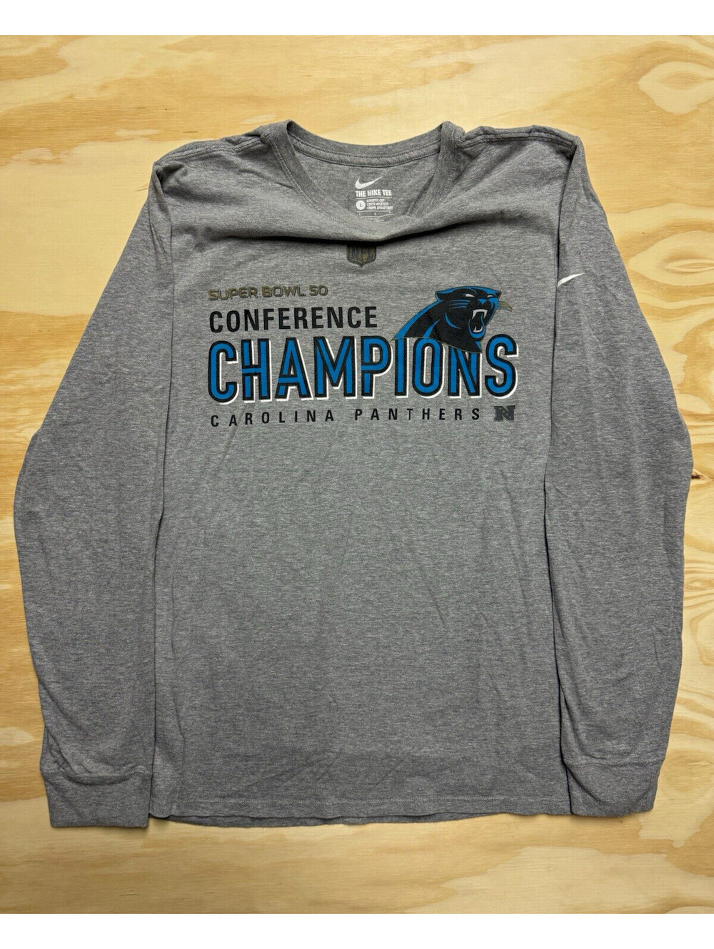 Nike Carolina Panthers Super Bowl 50 Champs Mens L Gray Long Sleeve NFL Shirt